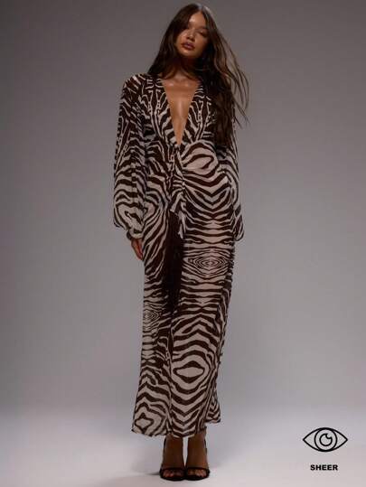 MUSERA Deep V Neck Loose Fit Tassel Detail Zebra Print Elegant Long Sleeved Maxi Dress For Spring Summer Vacation Wedding Guest Ibiza Holiday Festival Fall Wedding Guest Elegant Fall Summer Outfit