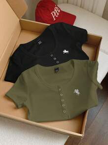 Comfortcana 2pcs/Set Summer Solid Color Henley Collar Embroidery Slim Short Sleeve T-Shirts - Army Green - View 7