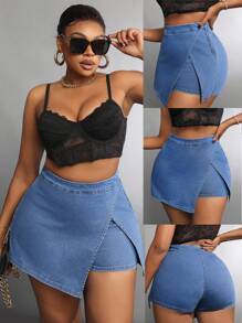 SHEIN SXY Plus Size Asymmetric Denim Shorts, Summer Casual