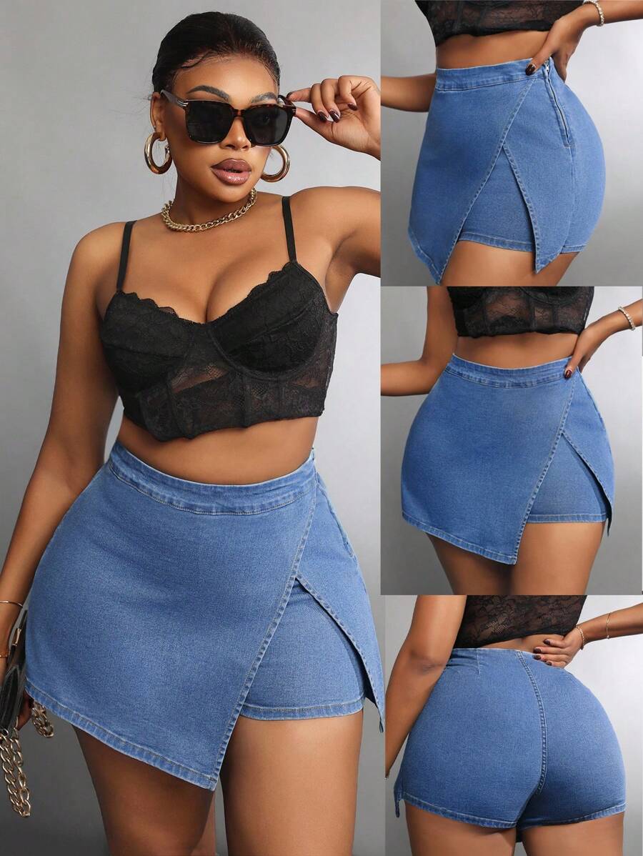 SHEIN SXY Plus Size Asymmetric Denim Shorts, Summer Casual