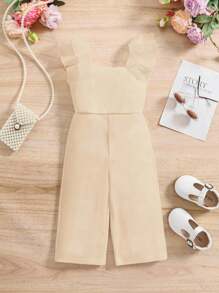 SHEIN Cute White Patchwork Organza Ruffle Hem Jumpsuits For Baby Girl Summer - Apricot - View 2