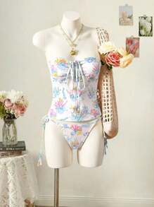 SHEIN Swim 全新多色随机印花海洋风格荷叶边可拆卸项链/抽绳设计比基尼上衣和系带侧三角比基尼下装，女式夏季度假泳衣套装 - 彩色 - 查看 1