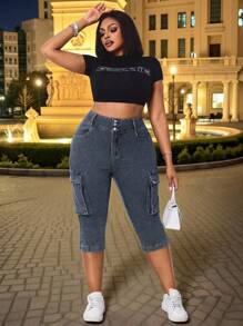 Maweii Plus Size Women Summer Cowgirl Outfit Elastic Blue & Black Cargo Capri Skinny Jeans With Pocket & Slit Summer Outfits For Women Festival Outfits  Cargo Jeans For Women