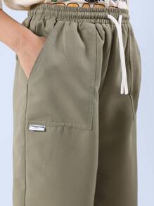 SUMWON 青年斜纹筒形斜纹裤休闲秋季校服宽松阔腿抽绳长裤 - 軍綠色 - 查看 7