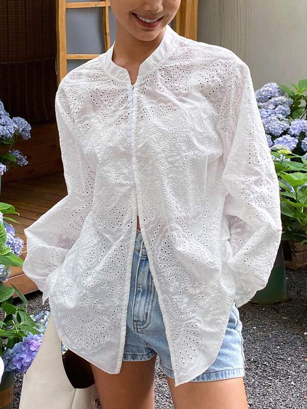 Livesso Women Solid Jacquard Loose Long Sleeve Stand Collar Casual Resort Shirt Top, Summer