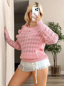 Sweetina Women Elegant Off-Shoulder Tie-Up Knit Sweater Top, Loose Fit, Pink In Fall/Winter