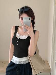 DAZY 女式无袖蕾丝拼布吊带背心，二合一款式，夏季 - 黑色 - 查看 5