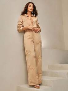 Anewsta 2 Stücke Set für Damen, Luxus Satin mit besticktem Ahornblatt Muster, kontrastfarbiger Kragen, locker & bequem