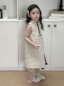 DAZY Young Girls Casual Round Neck Sleeveless Street Style Cute Mid-Length Dress - Apricot - View 3