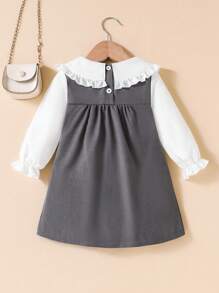 Souflis Souflis 女童白色荷叶边领蝴蝶结装饰泡泡袖和浅灰色 A 字裙，优雅可爱，适合休闲、上学、工作 - 灰色 - 查看 2