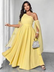 Viva Relle Vestido de gasa con mangas abullonadas, hombros asimétricos y decoración de diamantes, para invitado de boda, elegante para fiesta de noche, talla grande