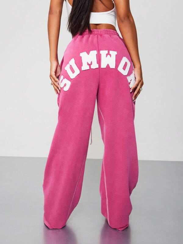 SUMWON Pantaloni largi de trening, lenjerie de casă, confortabili, toamnă și iarnă, casual, pantaloni largi, cu design aplicat cu litere la spate, streetwear, supradimensionați, din fleece, cu fund