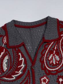 Manfinity Homme 男士修身休闲针织上衣，翻领设计，适合日常穿着，钩针编织沙滩复古风上衣 - 灰色 - 查看 3