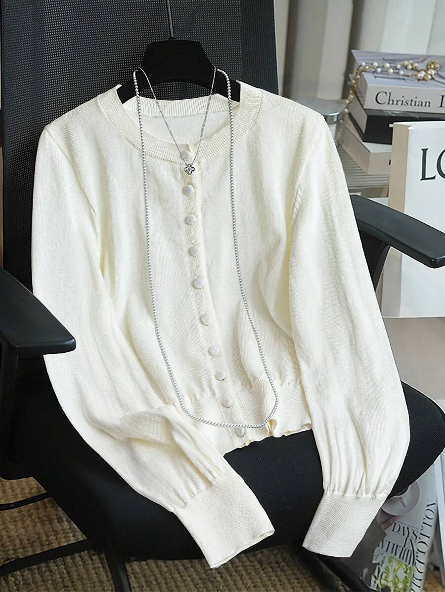 Franclia 女士甜美个性百搭轻薄夏季防晒外套，秋季圆领长袖针织开衫，优雅毕业毛衣外套针织毛衣 - 米色 - 查看 1