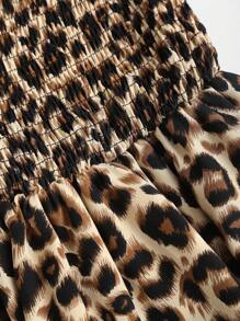 Sweetra Leopard Print Strapless Shirred Waist Ruffle Hem Dress - Apricot - View 3