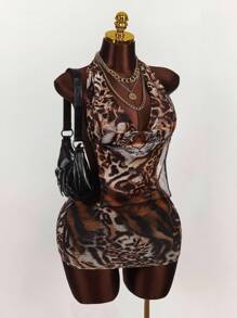 Amplova Vestido ajustado con inserción de malla con estampado de tigre, cuello drapeado, de múltiples formas de usar, talla grande, con lazo en la espalda - Multicolor - Ver 10