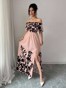 Chiquease Váy midi hở vai hở vai in họa tiết kiểu Pháp thanh lịch gợi cảm dành cho nữ, trang phục mùa hè cho trường đại học - Hồng - Xem 5