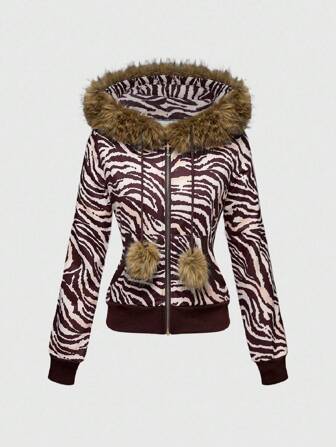 J-Fashion Vintage Style Rhinestone Embellished Zebra Furry Patchwork Hooded Sweatshirt Sweatshirt For Women
