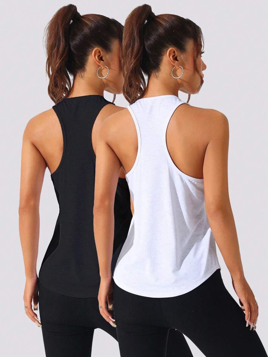 Gameset SHEIN Sport 女式夏季简约纯色宽松工字背心 - 黑與白 - 查看 1