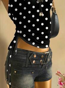 Attitoon Casual Vintage Black & White Polka Dot Full Print Women's Gathered Tie Front Cropped Tube Top , Suitable For Summer, Music Festivals, Pop & Boho Style Goth Suitable For Going Out