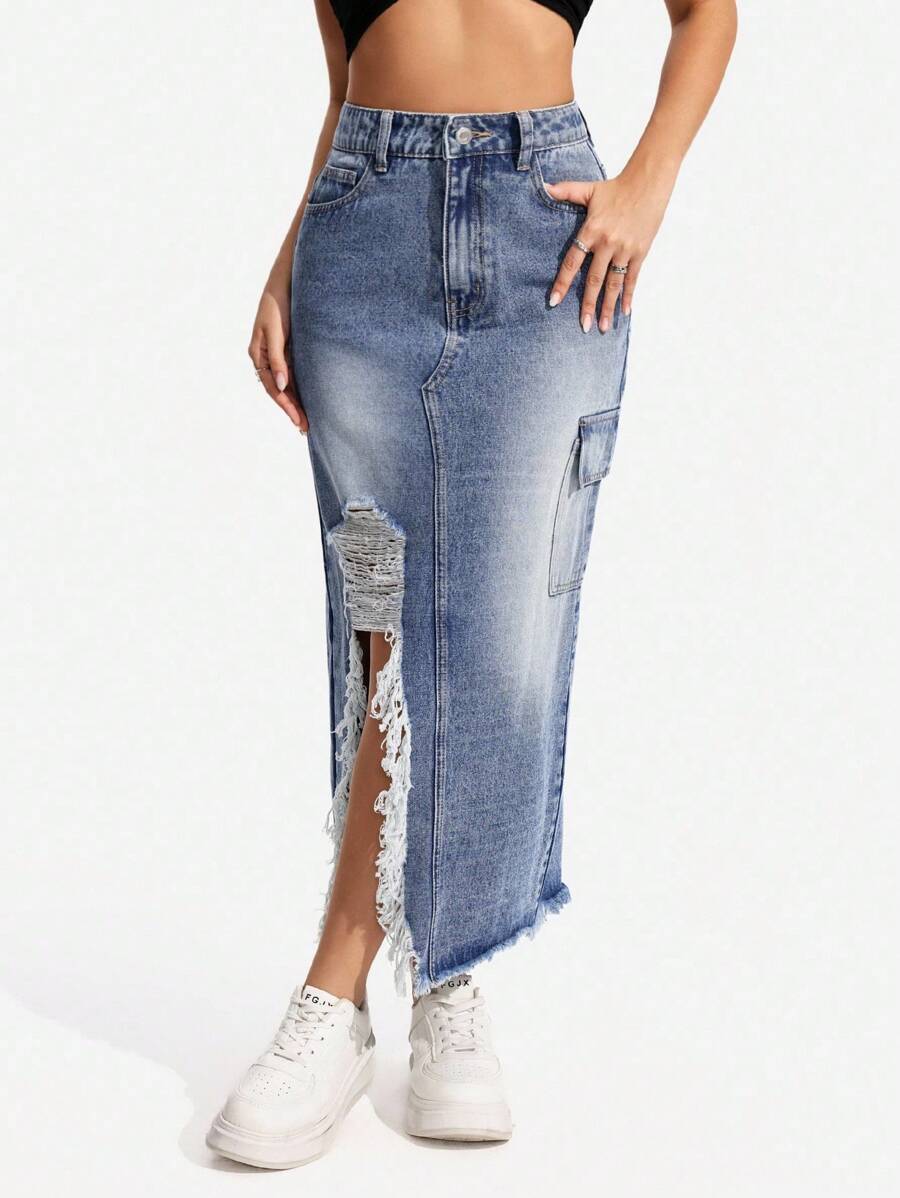SHEIN PETITE Women Casual Washed Open Pocket Distressed Denim Mini Skirt For Summer - Blue - View 1