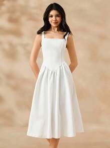 SHEIN 女孩简约复古方领无袖高腰中长款白色秋千连衣裙，优雅百搭，适合夏季 - 白色 - 查看 4