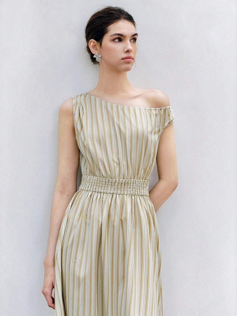 SHEIN Unity Damen beigefarbenes gestreiftes One-Shoulder-Kleid mit Gummizug in der Taille - Verschiedenfarbig - Übersicht 1