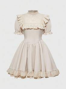 ROMWE Đầm Babydoll Mini Tay Áo Búp Bê Kawaii Lolita Retro Dễ Thương Cho Nữ - Màu be - Xem 1