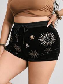 ROMWE Quần short vải nhung thêu hình mặt trăng và ngôi sao cổ điển cỡ lớn Hippie - màu đen - Xem 5