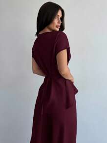 Firerie Women's Elegant Commuter Wrap Bustier Corset Top And Flare Leg Pants - Burgundy - View 2