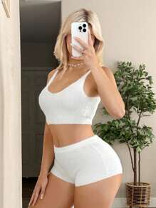 Sweetina Set de 2 piezas de mujer con suéter de punto blanco y conjunto de camiseta de punto corta y shorts de unicolor - Blanco - Ver 7