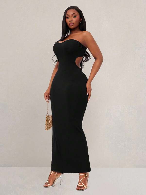SHEIN SXY Plus Size Solid Color Hollow-Out Bandeau Sheath Sleeveless Dress, Elegant