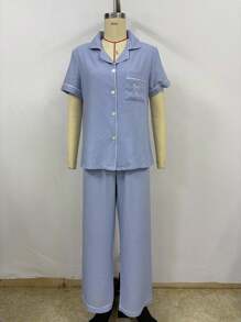 SHEIN 柔软女士长款睡衣，短袖，宽松版型，适合日常穿着舒适蓝色睡衣套装女士睡衣套装浅蓝色睡衣两件套睡衣套装睡衣套装