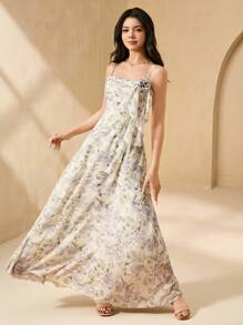 SHEIN 少女优雅碎花雪纺连衣裙，适合婚礼、舞会、正式活动的花童礼服，女童公主派对礼服 - 杏色 - 查看 6