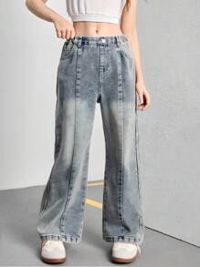 Jeans rectos holgados de pierna ancha lavados para niñas con costuras de contraste, casual y versátil para uso diario, diseño sencillo y de moda