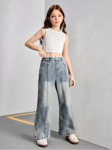 Jeans rectos holgados de pierna ancha lavados para niñas con costuras de contraste, casual y versátil para uso diario, diseño sencillo y de moda