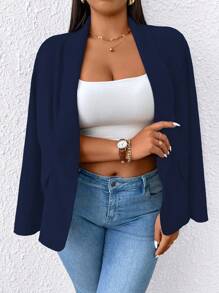 SHEIN PETITE Plus Size Simple Drawstring Collar Thin Blazer Jacket Fall Cloth For Women Autumn - Navy Blue - View 3