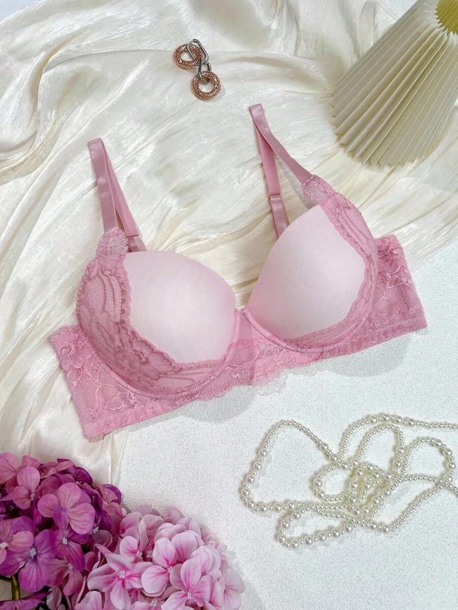 Plus Size Lace Patchwork Sexy Camisole & Wireless Bra Pink Lace Bra Lace Push Up Bra Cute Bra - Pink - View 1