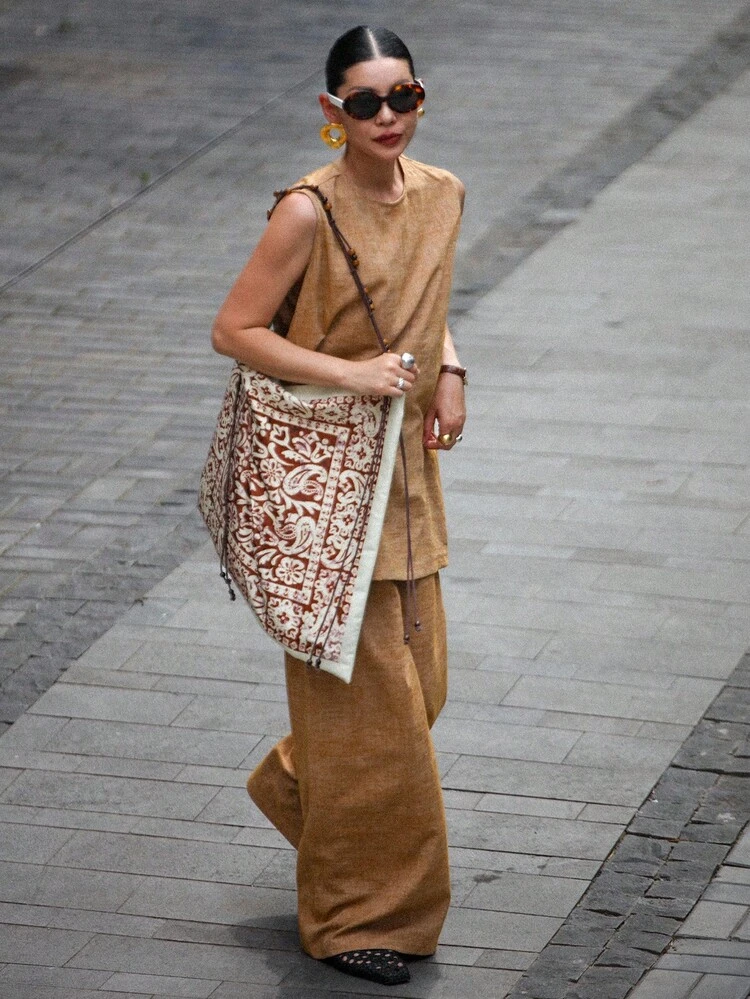 2pcs Women Linen Blend Loose Sleeveless Shirt And Pants Vacation Casual Set, Spring/Summer