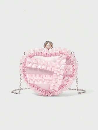 Kawaii Elegant Beaded Heart Shaped Ruffle Trim Evening Clutch Bag