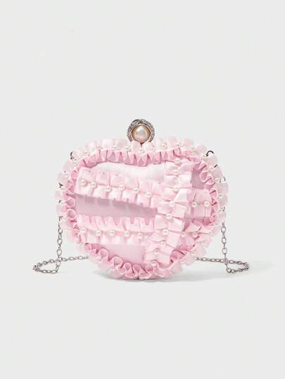 Kawaii Bolso de embrague de noche elegante con adornos de volantes en forma de corazón con cuentas