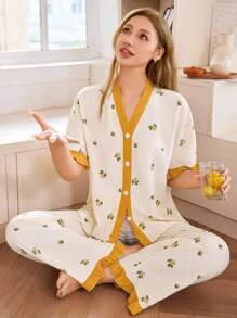 Dream Adore 泡泡皱水果印花纽扣撞色短袖衬衫和裤子女士睡衣套装柠檬睡衣套装女士睡衣套装可爱睡衣套装夏季睡衣套装女士睡衣套装