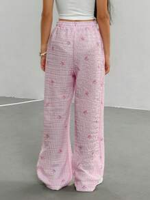 SHEIN WESTFADE Young Pantalon large blanc avec liens de contraste, taille avec bande texturée à bulles imprimée d'un nœud rayé rose pour jeune fille