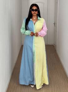 Maweii 2025 女式大码条纹撞色宽松袖通勤休闲连衣裙，时尚立领开叉设计，春夏 - 彩色 - 查看 6