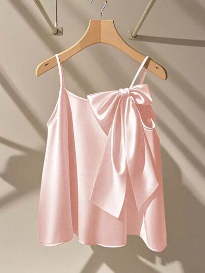 Franclia Women's Fashion Casual Satin Bow Decor Solid Color Camisole Top