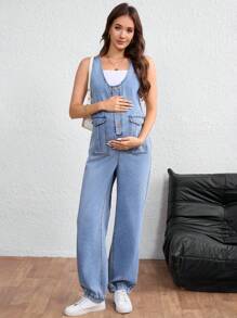 SHEIN 孕妇纽扣式半开襟工装口袋休闲牛仔背带裤连体裤女式工装裤女式牛仔连体裤