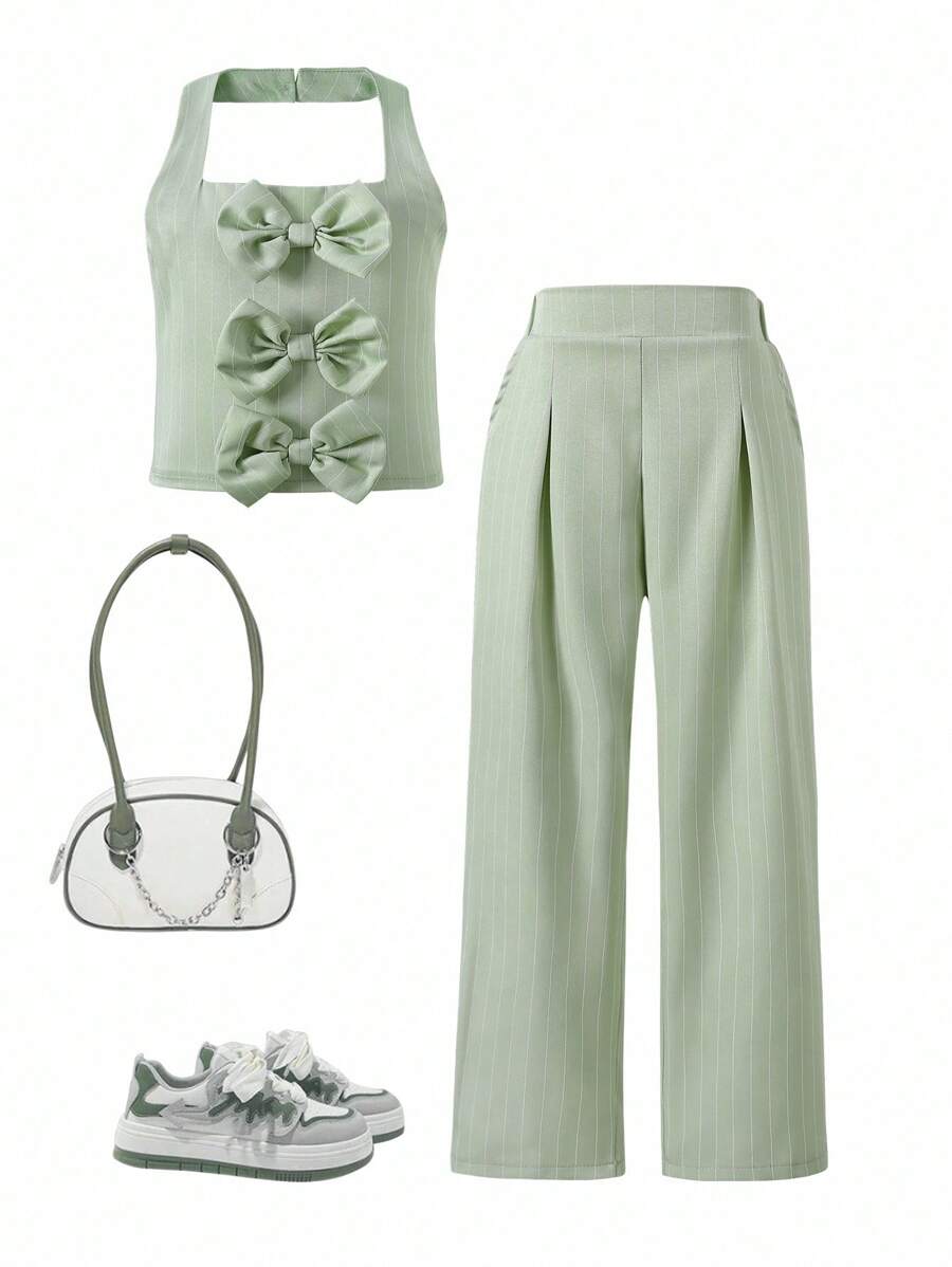 Conjunto de 2 piezas de top halter con lazo y pantalón largo con cinturón de corazón para niñas, un bonito atuendo de verano. - Verde - Ver 1