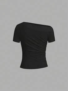 Ellevyn Women's Elegant Solid Color Asymmetric Ruched Slim Fit T-Shirt, Summer