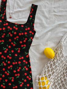 Soleia 女式露背 U 领樱桃印花迷你连衣裙，夏季 - 黑色 - 查看 5