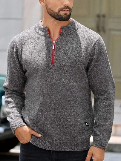 Manfinity NXTstreet Jersey de cuello alto con media cremallera de moda madura para hombres, jersey de punto para hombre, ropa casual gris, otoño e invierno